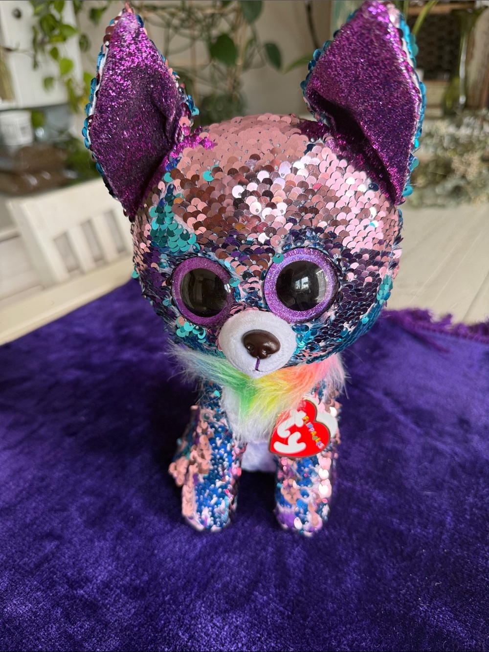 Ty Sequin Yappy Puppy Plush - Pink, Blue & Purple with Rainbow Collar New